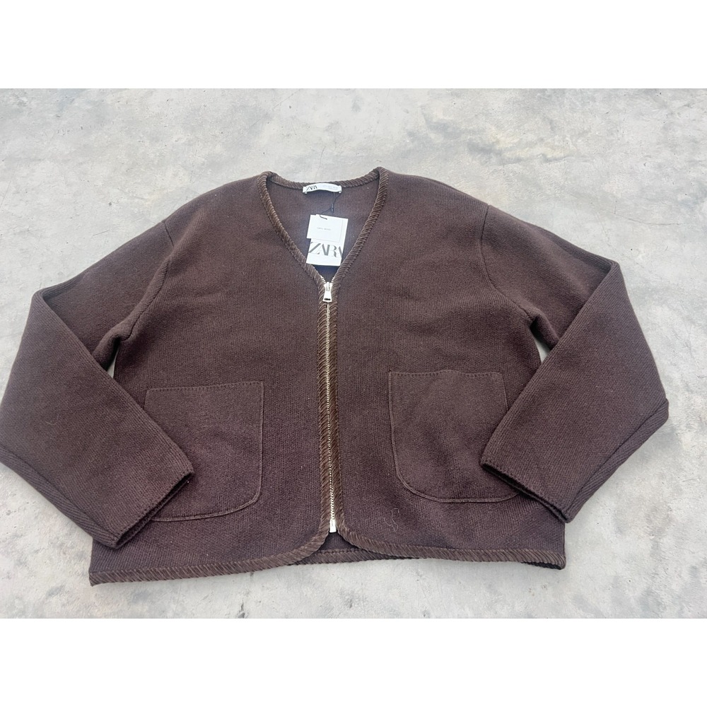 Zara Bomber Cardigan Sweater Womens Large Brown Wool Knit Full Zip Oversized NWT